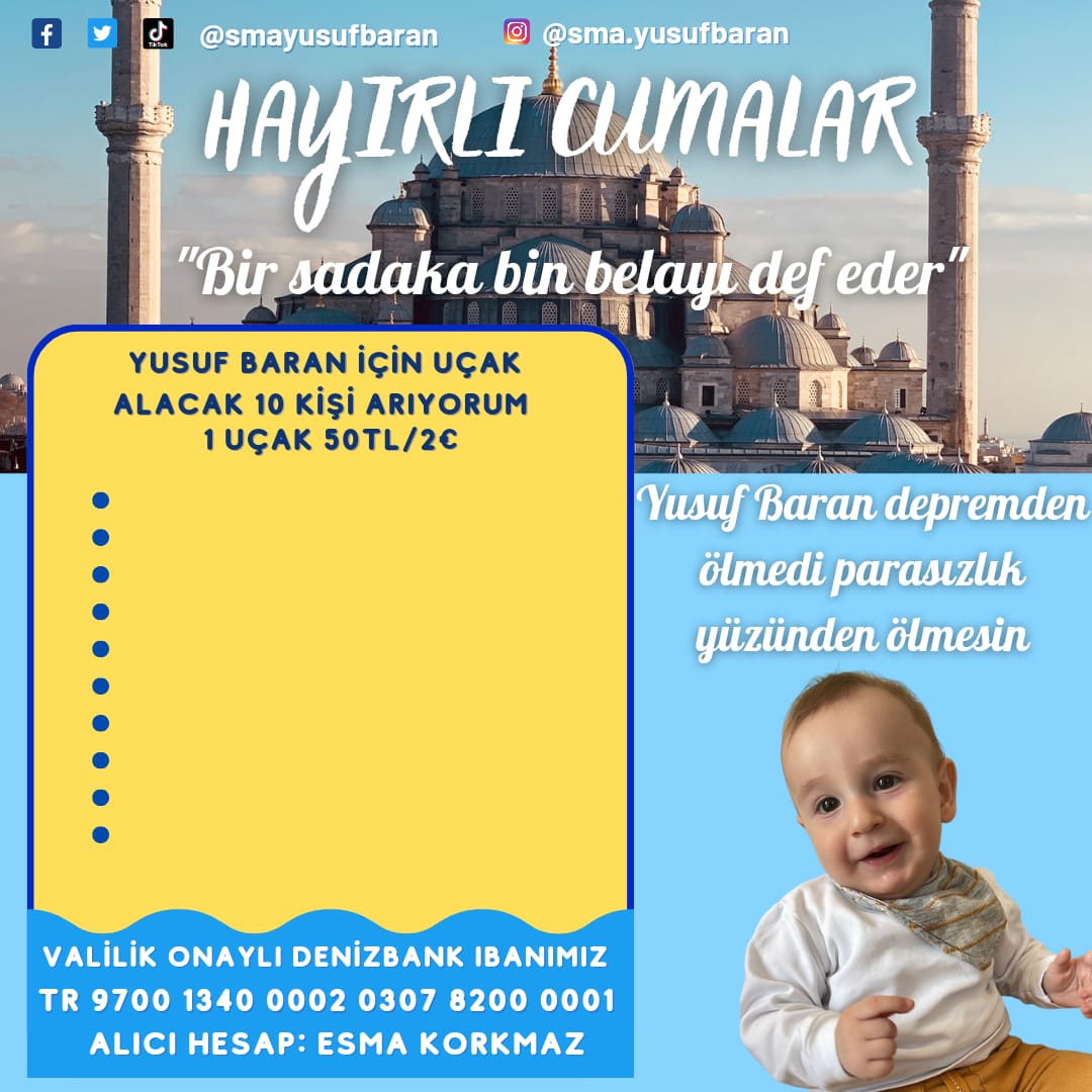 "Bir sadaka bin belayı def eder"
🌸 Hayırlı cumalar 🌸
Sizlerde Yusuf Baran'a umut olmak için bu cuma sadakalarınızı ve hayırlarınızı Yusuf Baran'a bağışlar mısınız🤲🏻
Depremzede ve SMA tip-1 hastası Yusuf Baran'ın iyilik elçisi olur musunuz 💙
#bolu 
#นิกกี้ก้อย 
#ShadowAndBone