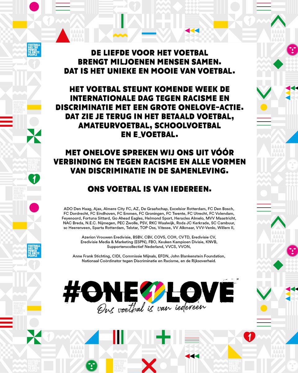 Ruim 50 partijen hebben dit OneLove-statement ondertekend. 

Ons voetbal is van iedereen.

#OneLove