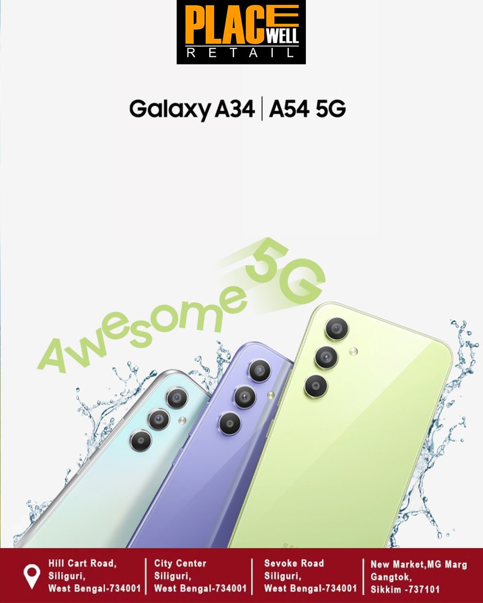 PlacewellRetail's tweet photo. Get set to glam up with colors that amp your style! Stay tuned. 

Find Store: https://t.co/yLj0x2LvUg  
Call: 9333693337 
WhatsApp: https://t.co/bqNPUPkQFY 
#GalaxyA34 #GalaxyA54 #PlacewellRetail #Siliguri #Gangtok #BestOneplusstoreinSiliguri https://t.co/ix2z6FshYX