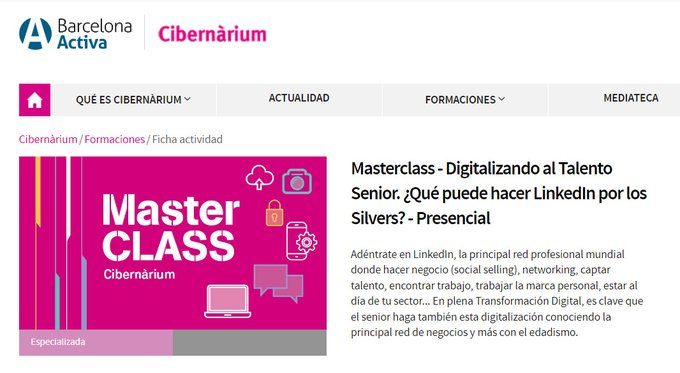 Masterclass - Digitalizando al TALENTO SENIOR 
¿Qué puede hacer #LinkedIn por los Silvers?
🗓️21/3/23
⏰ De 18h a 20h 
📍 #Barcelona 

✍️Inscripción gratuita: 
bit.ly/MasterclassLin…

#RRHH #BrechaDigital #Digital #Edadismo #Séniores #Empleo #Emprendimiento #Speaker #Evento