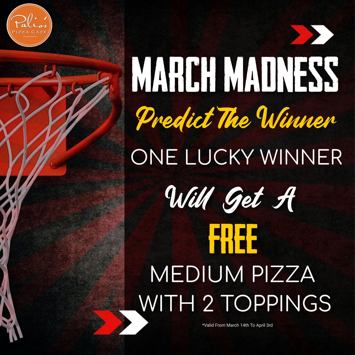 Make a correct prediction on the NCAA victor and enjoy a complimentary medium pizza adorned with your choice of two toppings.

Offer valid from March 14th to April 3rd.

#PaliosPizza #bestpizza #PizzaCafe #Cannoli #instapizza #NCAA