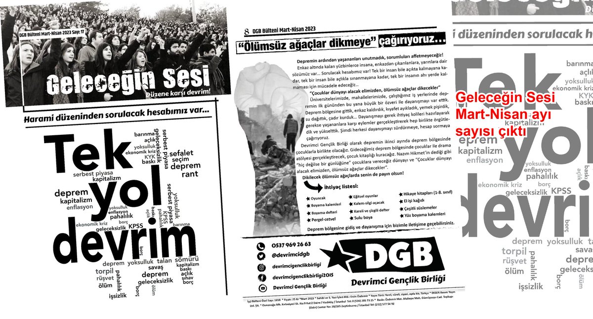 arsivdgb's tweet photo. GELECEĞİN SESİ BÜLTENİMİZİN MART-NİSAN SAYISI ÇIKTI!

Geleceğin Sesi bültenimizin Mart-Nisan ayı sayısı "Harami düzeninden sorulacak hesabımız var. Tek yol devrim!" şiarıyla çıktı. 

Bültenimizi temin etmek için iletişim adreslerimizden bize ulaşabilirsiniz. 

#deprem 
#Devrim https://t.co/lBUSKjespe
