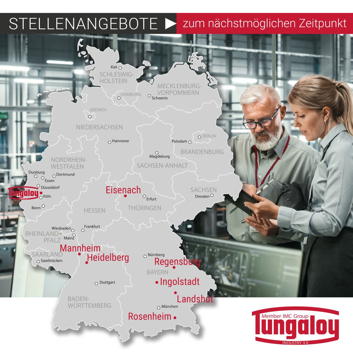 Zum nächstmöglichen Zeitpunkt suchen wir:
Marketing Assistenz (m/w/d), Stellvertr. Leitung Customer Service (m/w/d), Produkt-Spezialisten am Standort Langenfeld und technischer Verkäufer (m/w/d) im Außendienst - für viele Regionen.
jobs.tungaloy.de