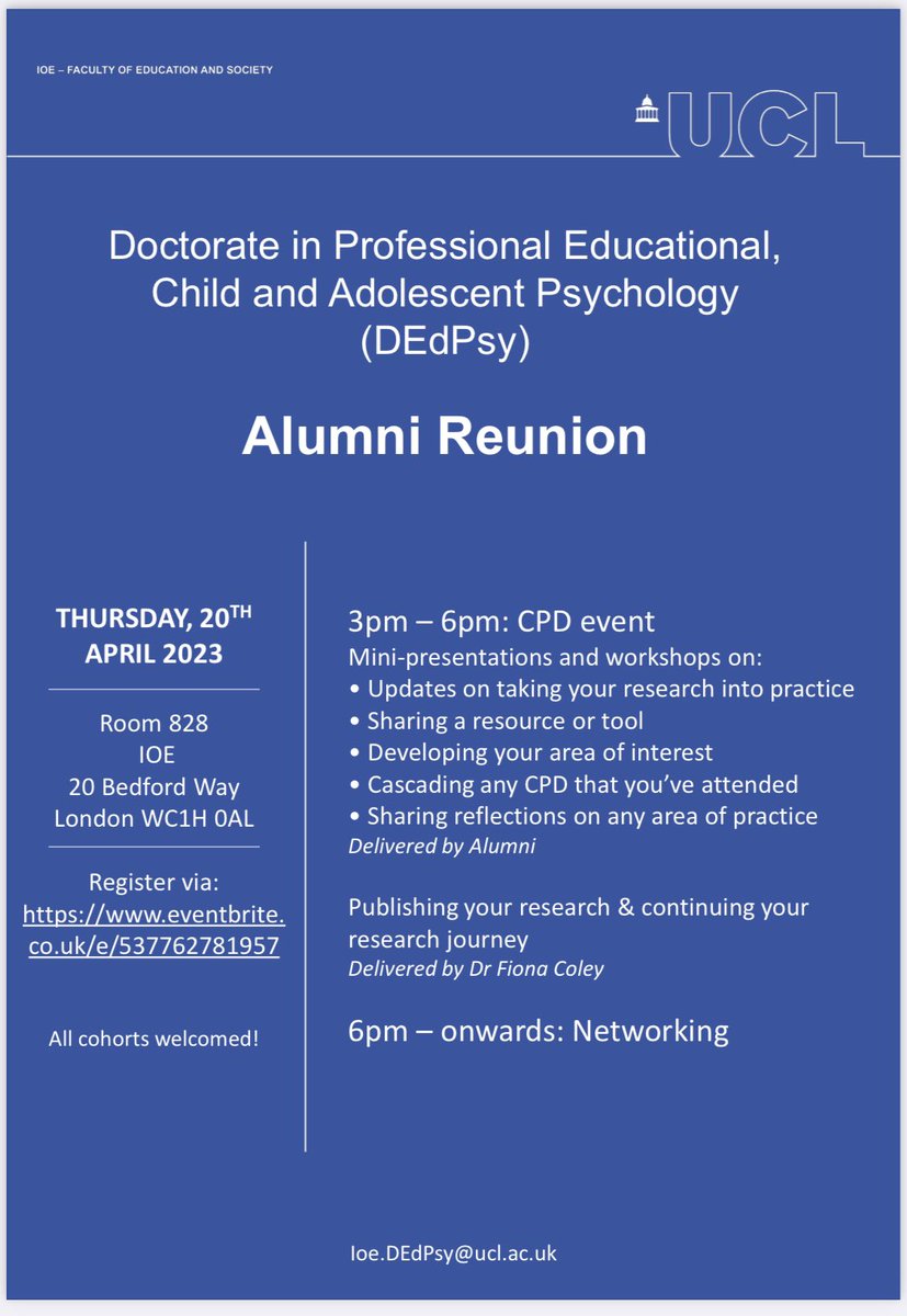 fiona_coley's tweet photo. 📣 Calling all #IOE #DEdPsy Alumni!
You are warmly invited to our reunion CPD event with drinks & a catch up afterwards…
Register here: https://t.co/8lGVM49Av7
#TwitterEPs #CPD @VivianEdPsych @nicolamollet @drcynthia_pinto @DrMelMeheux @hiddendepths Please RT & tag others https://t.co/VRPSvdB6lI