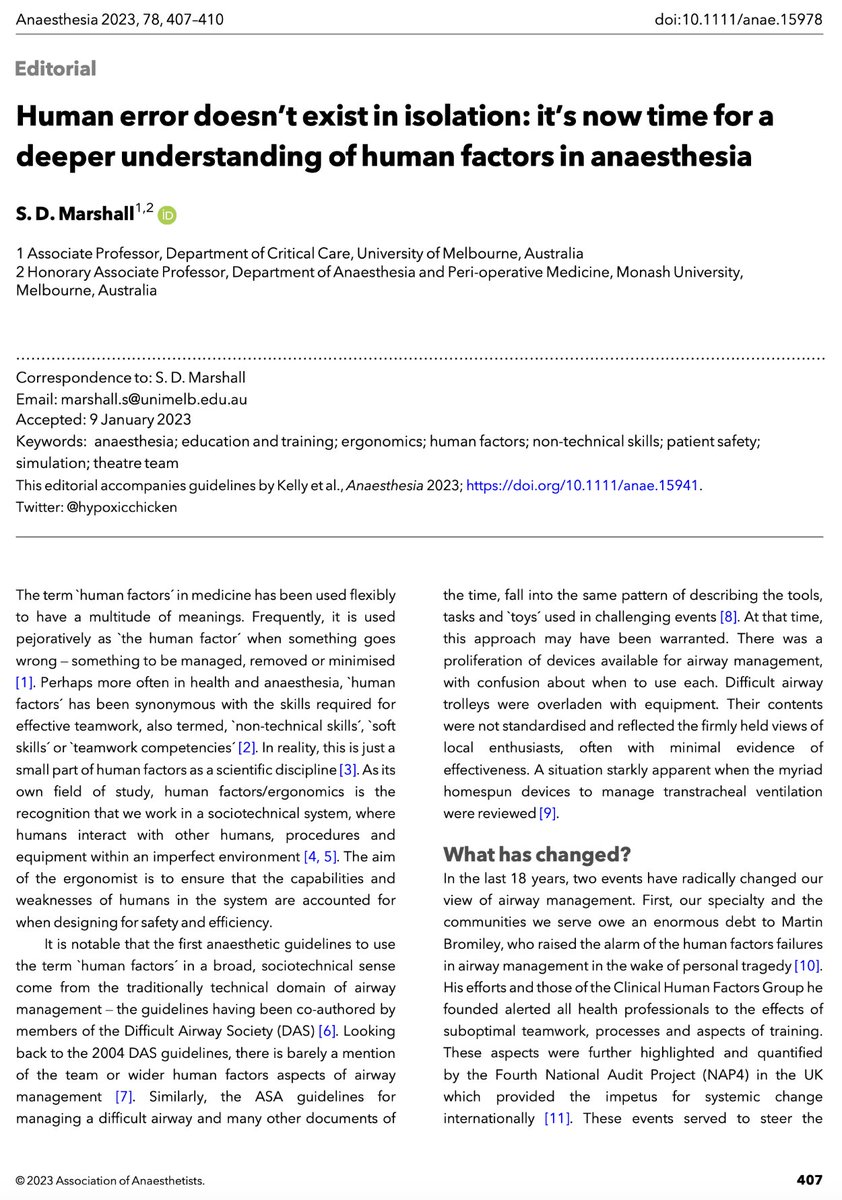 Anaes_Journal's tweet photo. 🔓"As its own field of study, human factors/ergonomics is the recognition that we work in a sociotechnical system, where humans interact with other humans, procedures and equipment within an imperfect environment."

@hypoxicchicken #FreeForAWeek

🔗https://t.co/LaHejnCO8D https://t.co/yET66jEqxr