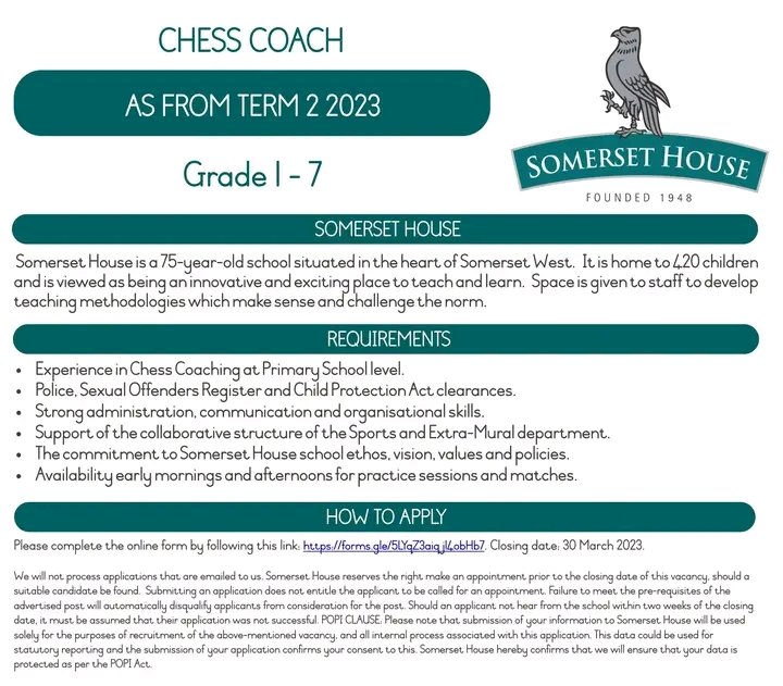 JOIN THE TEAM! 

📌 Chess Coach 

Applications open: forms.gle/5LYqZ3aiqj14ob… 

#morethanaschool #awayoflife #shschool #somersethouse #theloveoflearning #education