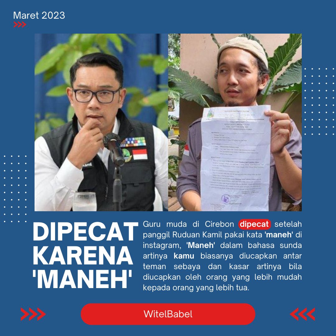 witel_babel's tweet photo. Sedang Viral seorang guru di cirebon dipecat dari sekolah! gara2 maneh euy
#indihome #Internetnyaindonesia #aktivitastanpabatas #witelbabel #manehridualkamil #cirebonbandung https://t.co/WrYJozAIXc