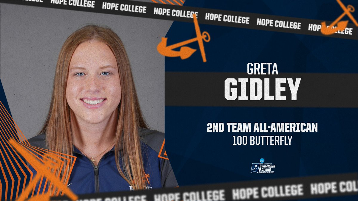 Hope College Athletics (@hopeathletics) on Twitter photo Hope College's Greta Gidley finished the 100-yard butterfly in the 'B' finals at the <a href="/NCAADIII/">NCAA Division III</a> Championships to finish 11th in the nation. The sophomore earned second team All-America honors with a time of 55.75. <a href="/MIAA1888/">#D3MIAA Sports</a> #StrongAndTrue #d3swim Hope College's Greta Gidley finished the 100-yard butterfly in the 'B' finals at the <a href="/NCAADIII/">NCAA Division III</a> Championships to finish 11th in the nation. The sophomore earned second team All-America honors with a time of 55.75. <a href="/MIAA1888/">#D3MIAA Sports</a> #StrongAndTrue #d3swim
