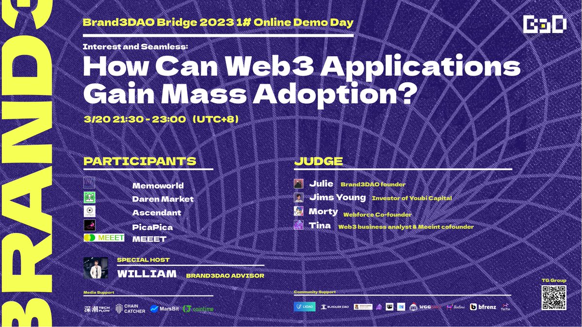 🎆We will start with our first online #demoday during 
 #Bridge2023 !

⏰20 March 21:30-23:00 (UCT+8)
💡Interest and Seamless: How Can #Web3 Applications Gain Mass Adoption?"
🔗t.me/+29JqF4QqndkxY…

LFG! 🚀