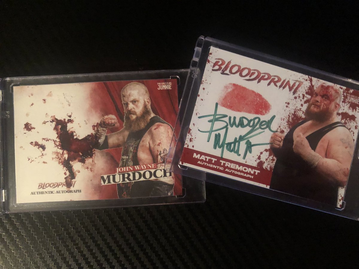 one2follow's tweet photo. @PWJCARDS picked these up this weekend from @TheDukeJWM and @BulldozerH2O at @ICWNHB #pfx15 and #nhb43 LOVE these bloodprint cards. Great job https://t.co/f9o2TGIf8o