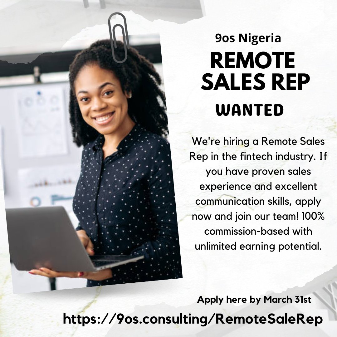 uche77zero's tweet photo. We're hiring remote sales reps in the fintech industry. If you have proven sales experience and excellent communication skills, apply now, and join our team! 100% commission-based with unlimited earning potential. Apply here: https://t.co/bIi5nVaQw4 by March 31st. https://t.co/VFV70YM2a7