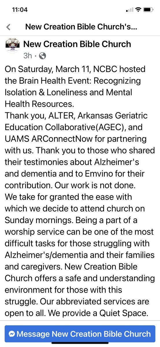 QOL4olderadults's tweet photo. I am in tears 😭 This is a FB post from an @AlterDementia church partner in Little Rock, Arkansas. They did all of this just by following our guide. This is why I won’t stop until we have church partners in every state. https://t.co/saowKPitJ6