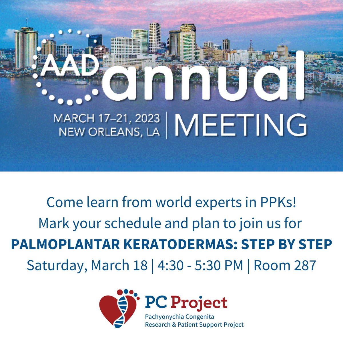 Pachyonychia's tweet photo. To dermatologists and residents at the @AAD2003 Annual Meeting! 

We invite you to join us on Saturday, March 18th from 4:30-5:30PM in Room 287 in the Conference Center.

You will be glad you came!

Learn more at https://t.co/aX78qGnpDT 

#AAD2023 #AADMember #DermTwitter https://t.co/cqJwDNiaZO