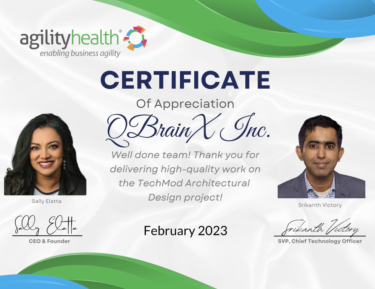 QBrainX_Inc's tweet photo. “High-Quality work on TechMod Initiative ” - Agility Health. It's a proud moment for QBrainX to receive appreciation for delivering the highest level of service.
#ProudMoment #QBrainx #AgilityHealth #Appreciation #BusinessAgility #DigitalTransformation @agilityhealthr https://t.co/MjqCU3IhkB