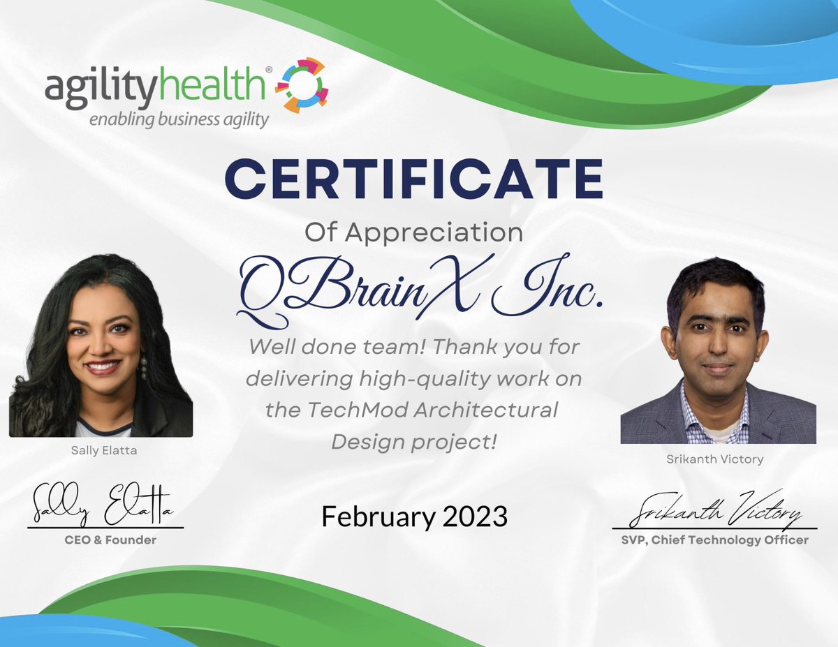 “High-Quality work on TechMod Initiative ” - Agility Health. It's a proud moment for QBrainX to receive appreciation for delivering the highest level of service.
#ProudMoment #QBrainx #AgilityHealth #Appreciation #BusinessAgility #DigitalTransformation @agilityhealthr