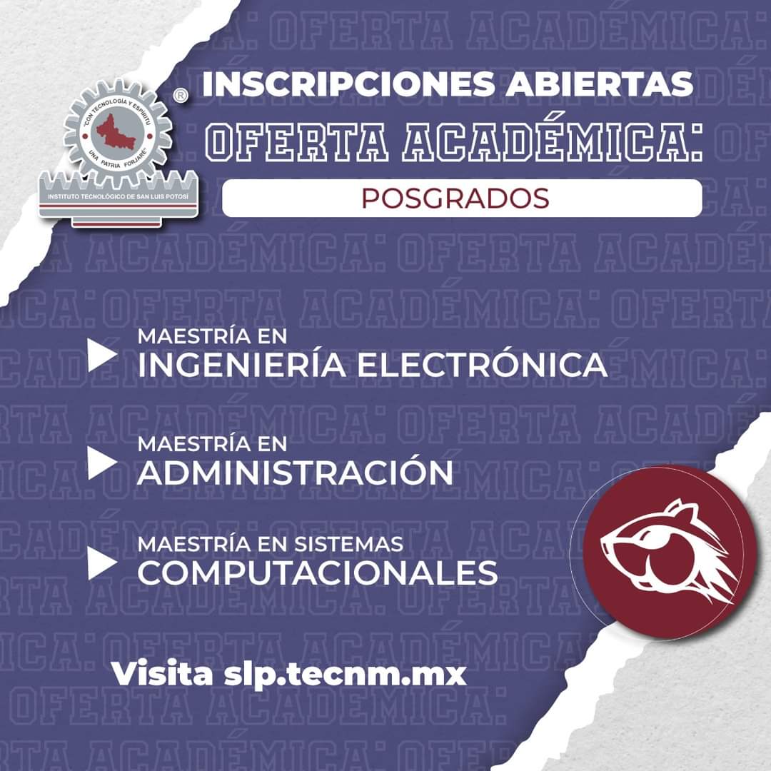 Al público en General:🤩🤩🌟🌟

El ITSLP tiene el gusto de informarte que ya contamos con 3 maestrías 👇👇👇
Para conocer más entra a la página slp.tecnm.mx  

¡¡Continúa preparándote y potencializa tu futuro!! 👩‍⚕️👩‍💼🧑‍💼