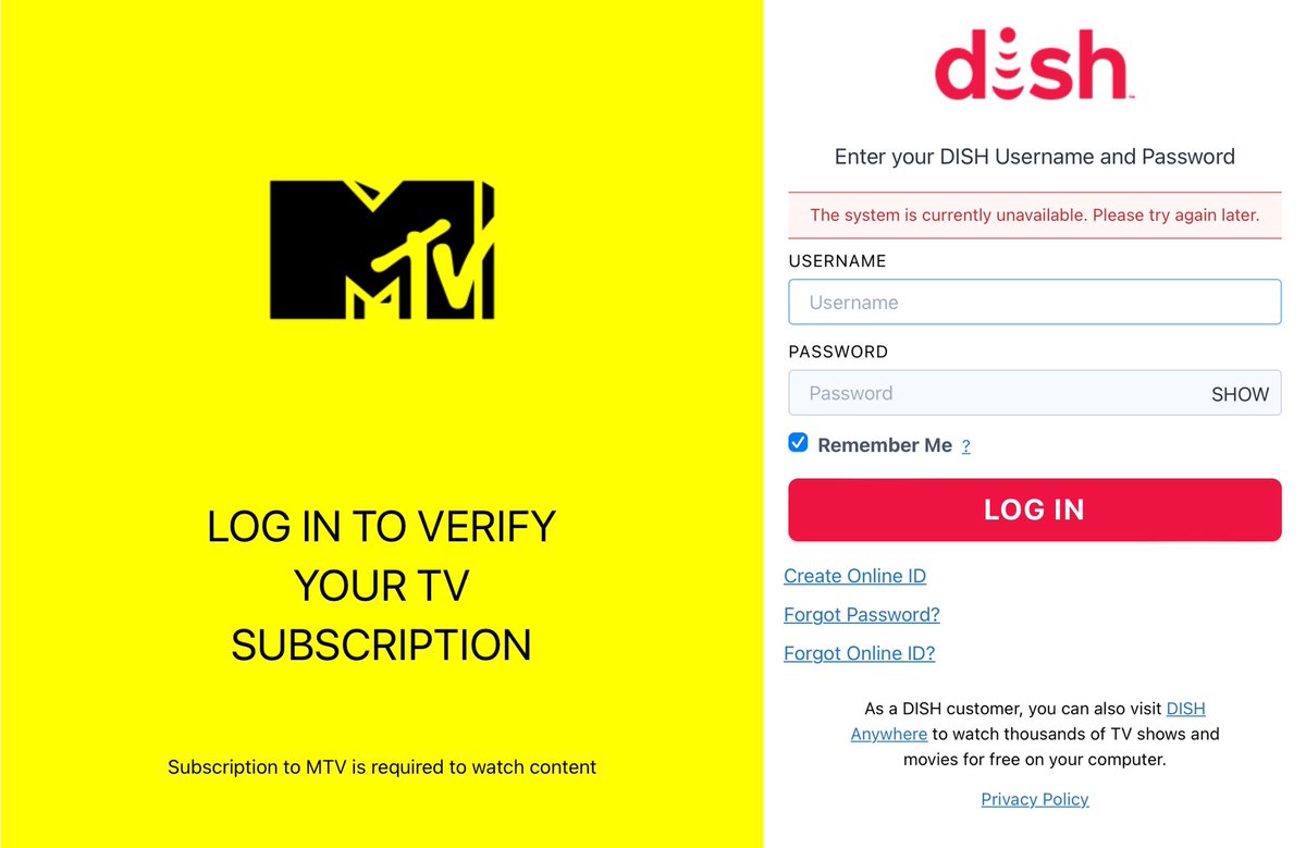 ElleLynne5's tweet photo. @dish Any idea when there will be a fix for “currently unavailable” system to login to channels I am subscribed to? It has been going on for weeks now. #DISH #DishNetworkDown #IWantMyMTV https://t.co/JUvJODpVQH
