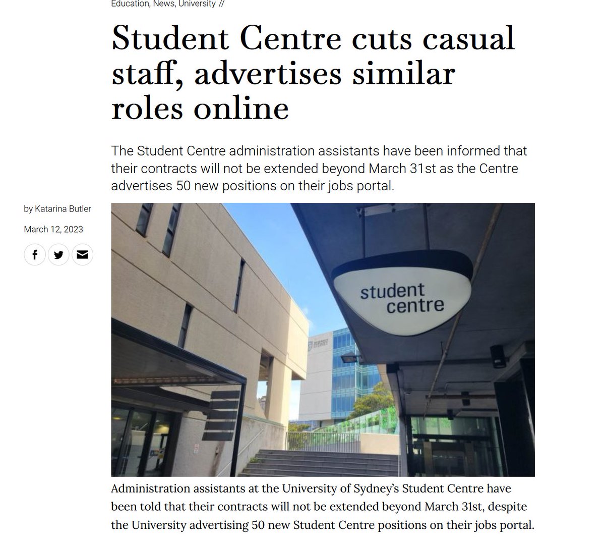CasualsUsyd's tweet photo. @Sydney_Uni management are terminating the jobs of Student Centre casual staff - while simultaneously advertising new positions online. Sign the petition against this outrageous move now:
https://t.co/0eFAM38FTx
#EndCasualisation #CasualsRights https://t.co/ktThxHpqBM