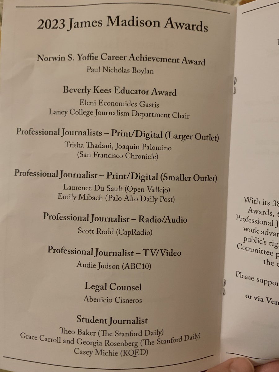 GinnyLaRoe's tweet photo. Great to celebrate #SunshineWeek with @SPJ_NorCal James Madison Award winners. 

I’m always so impressed by the big investigations by local news orgs. But, wow, the student journalists and their advisers honored tonight for extensive public records projects are truly inspiring. https://t.co/lpBkFrfqXj
