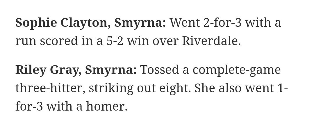 Got the dub over Riverdale last night. Got a shoutout for going 2-3. <a href="/RileyGr57301822/">Riley Gray</a> pitched an AMAZING game and hit a homer. She ain’t no PO!! <a href="/SMYRNASOFTBALL/">SHSSOFTBALL</a> <a href="/FuryWilliams/">Fury Williams</a>
