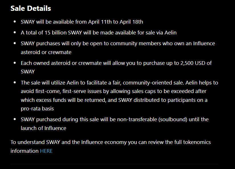 nir_un's tweet photo. nice metadata update on #influenceth asteroids showing how much $SWAY you can claim per asteroid/crew member. 271m sway @ 100 bucks per 1m sway this is about $27k. untradeable/soulbound until launch, more details below https://t.co/YaXtcKdJS1