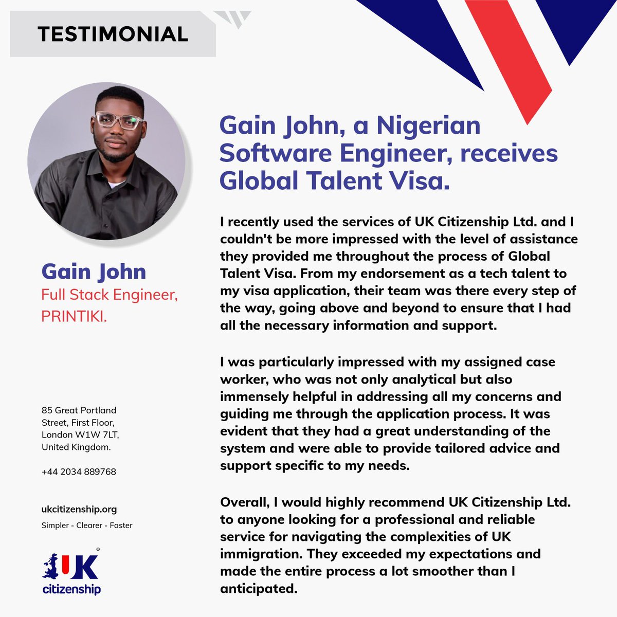 uk_citizenship's tweet photo. We're thrilled to announce that our client Gain John, a talented software engineer from Nigeria, has secured the Global Talent Visa! We're proud to have helped Gain navigate the visa process and excited to see him thrive in the UK tech industry. Congratulations, Gain - you're a shining example of the incredible talent that the Global Talent Visa attracts! 

Are you a tech talent ready to join Gain in the UK?

Complete our assessment form here - https://t.co/bVxWjGJrru #GlobalTalentVisa #UKTech #NigeriaToUK