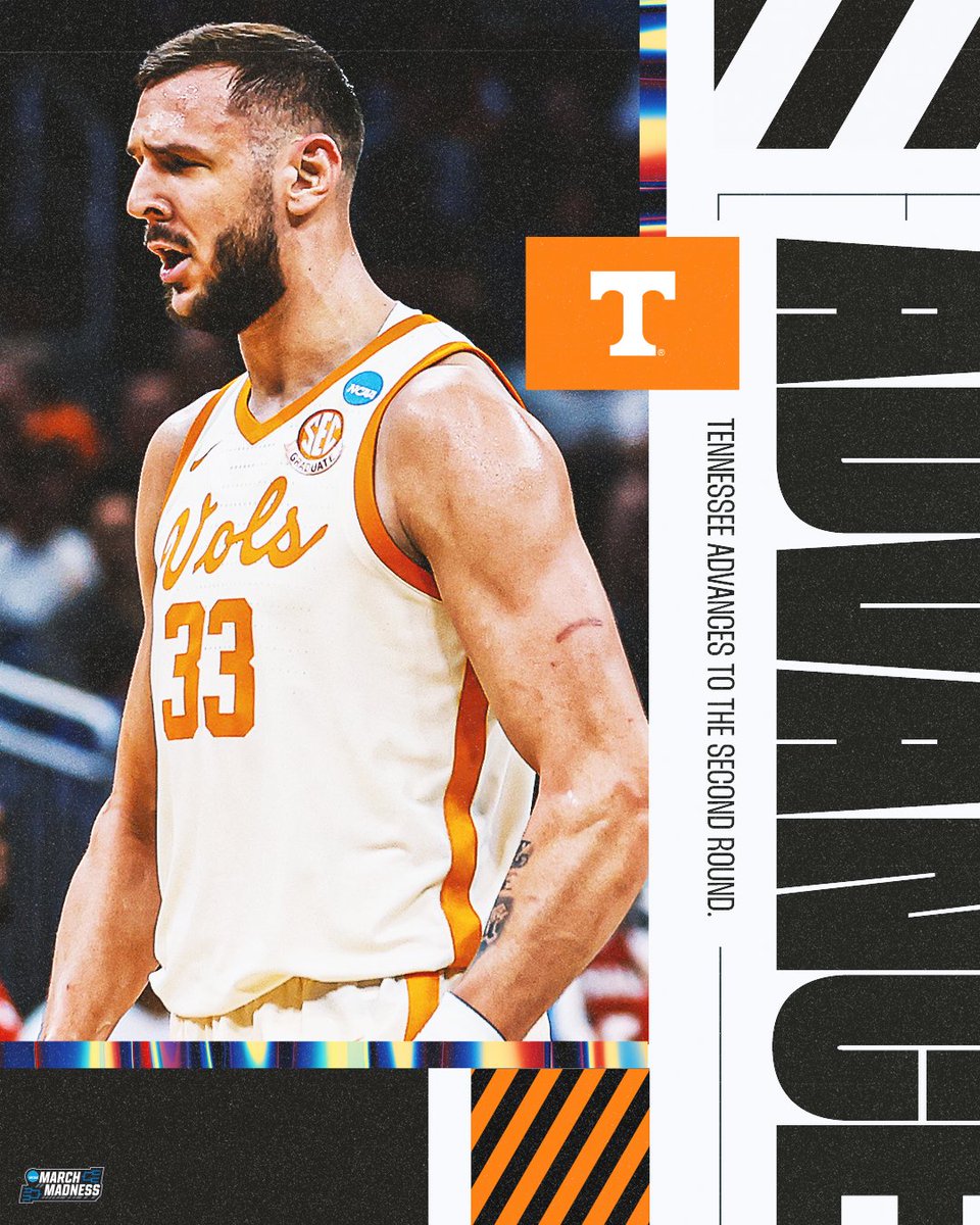 MarchMadnessMBB's tweet photo. (4) TENNESSEE IS ON TO THE SECOND ROUND 🔥

The Vols defeat (13) Louisiana 58-55 and move on to the Round of 32 #MarchMadness https://t.co/r3T1Wy9nh4