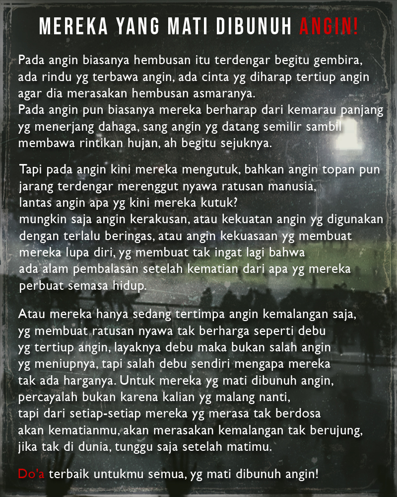 alodi_iloda's tweet photo. Akhirnya Tragedi Kanjuruhan terungkap penyebabnya yg merenggut ratusan nyawa manusia, ya mereka mati karena dibunuh oleh angin!
Do'a terbaik untukmu semua, yg mati dibunuh angin. 🙏 https://t.co/GR9zLRr3U0