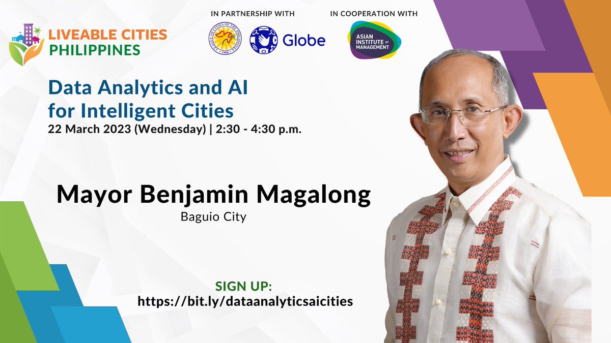Hear more of Mayor Benjie Magalong's initiatives to making Baguio City an intelligent city at our Liveable Cities Lab on Data Analytics and AI for Intelligent Cities on March 22, 2023 at 2:30-4:30pm. Sign up now at bit.ly/dataanalyticsa…
 #AI #dataanalytics #BaguioCity