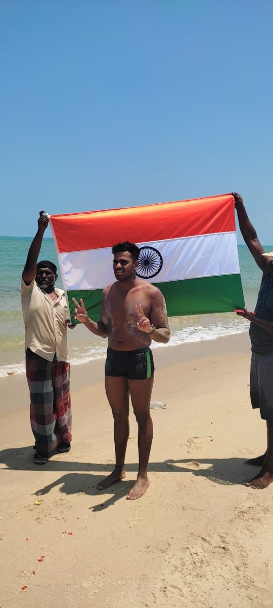 IndiainSL's tweet photo. Two record-setting swimming feats across the Palk Strait on the same day!! As Sucheta Deb Burman became the first woman to complete a two-way swim, Sampanna Ramesh Shelar rescripted the one-way record between Talaimannar and Dhanushkodi. (1/2) https://t.co/PdrKOS8Wx9