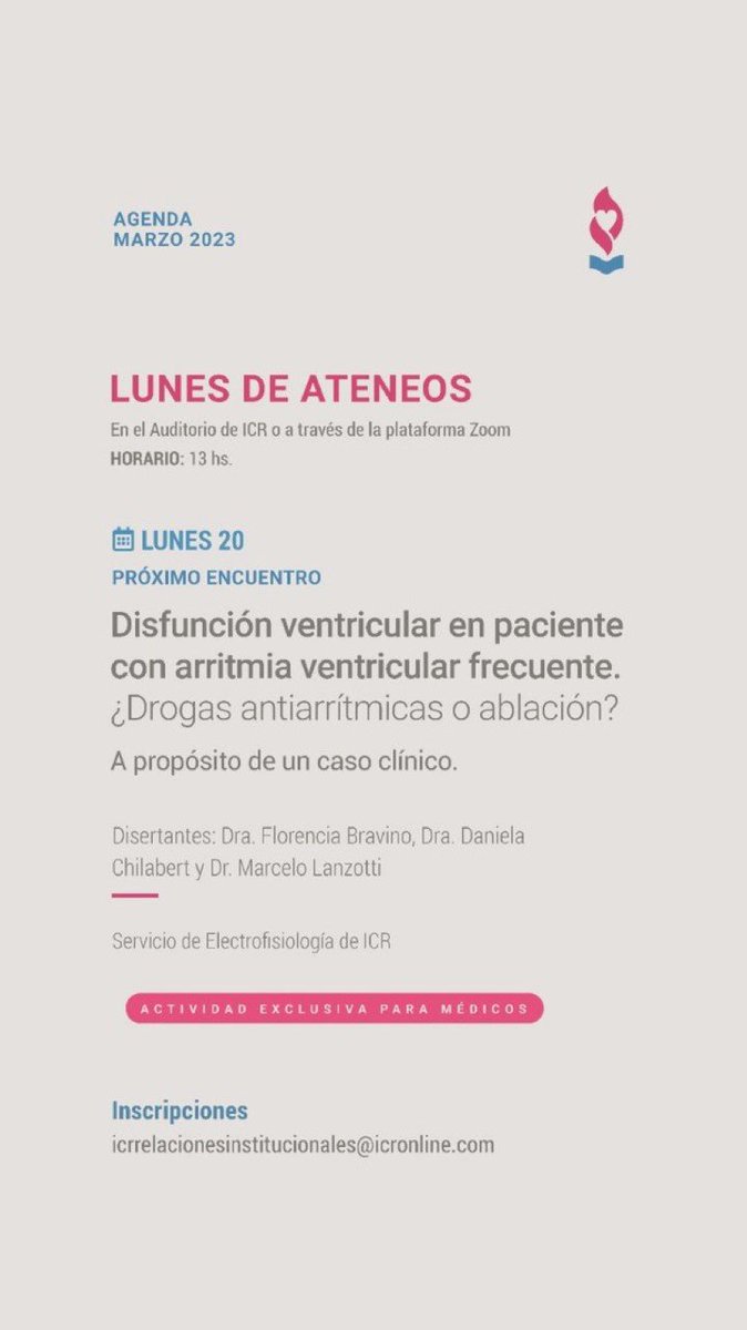 ComiteIcr's tweet photo. Ateneo Central ICR - Zoom ID: 94519679922 Contraseña: icr 
🗓️Lunes 20 de Marzo - 2023
⏰13:00 Hs
"Disfunción ventricular en paciente con arritmia ventricular frecuente" ¿Drogas antiarrítmicas o ablación? 🤔
Dra Florencia Bravino - Dra Daniela Chilabert - Dr Marcelo Lanzotti https://t.co/y7q3OKBXkf