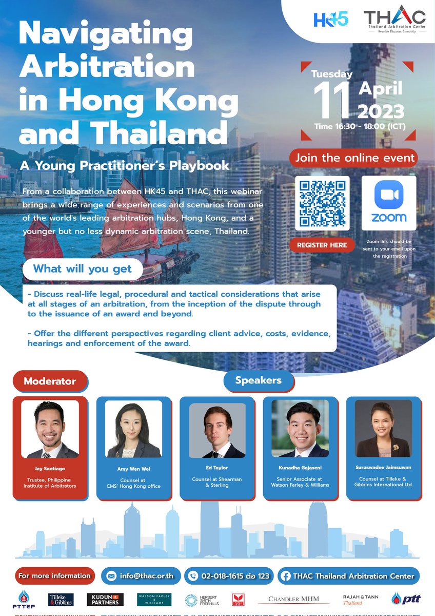 Very excited to moderate this panel organized by HK45 and <a href="/THAC_Official/">Thailand Arbitration Center</a>. #arbitration #internationalarbitration #adr #Thailand #HongKong