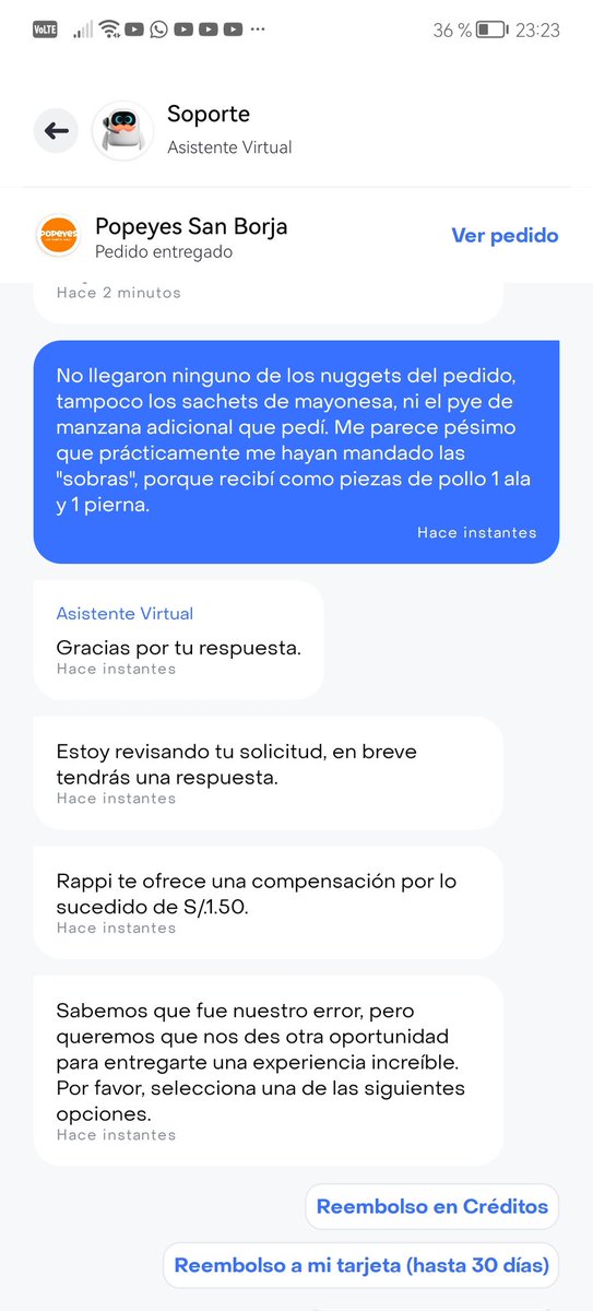 PpCastavia's tweet photo. Es en serio @PeruRappi ??? Hago un pedido de más de 36 soles, del cual me envían las sobras y ni siquiera el pedido completo, Y ME OFRECEN S/1.50 DE REEMBOLSO ??!!! Es una verdadera burla!! Absolutamente todo cabía en una misma caja, cuando son 2 combos!
Cc: @Popeyes @popeyes_es https://t.co/ZekAShNzK5