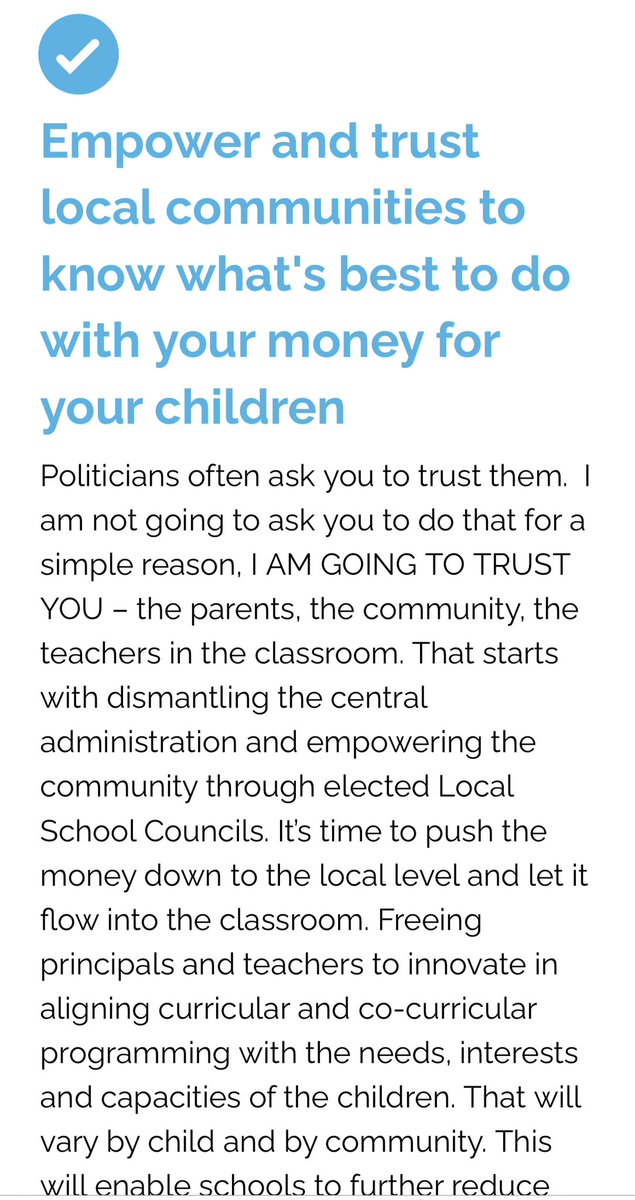 AliFendrick's tweet photo. Ok I’m biased because I obviously don’t want “to dismantle central administration” but don’t LSCs already vote on school budgets? CPS spent so much $$ on Skyline, is this insinuating that he’d abandon that with “freeing principals to innovate curriculum” https://t.co/IGgNk0ypqd