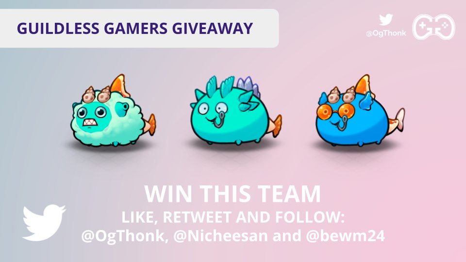 OgThonk's tweet photo. GIVEAWAY FOR @AxieInfinity PLAYERS!

Three steps to winning a FULL TEAM!
1. Follow @OgThonk @nicheesan @bewm24 
2. Like &amp; Retweet the post below:
https://t.co/VTXOIxIp2F

Optional: Say GM in the Guildless Gamers discord!
https://t.co/teupXDKAPk https://t.co/uzGhiqyKMB