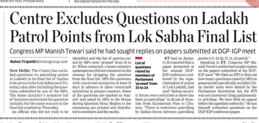 rahultripathi's tweet photo. Update: A day later, Centre disallows queries by LS MP on “reports on patrolling points in #Ladakh”

26 out of 65 #patrollingpoints along #LAC with #China are not being patrolled by Indian Security Forces, claimed a paper presented at the annual DGP-IGP meet. @ETPolitics https://t.co/LQqfsVuLU0