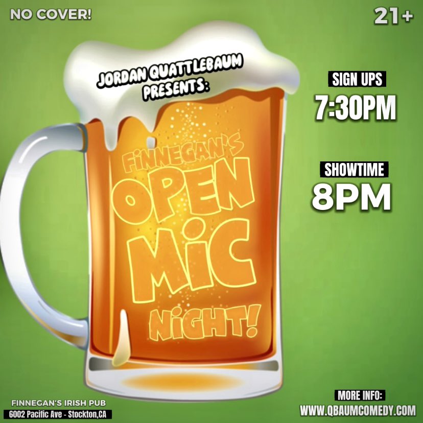 qbaumcomedy's tweet image. New flyer! New start time! Every 1st &amp;amp; 3rd Thursday. Come on out to Finnegans Irish Pub in Stockton,CA! Sign ups at 7:30PM, show at 8PM!
