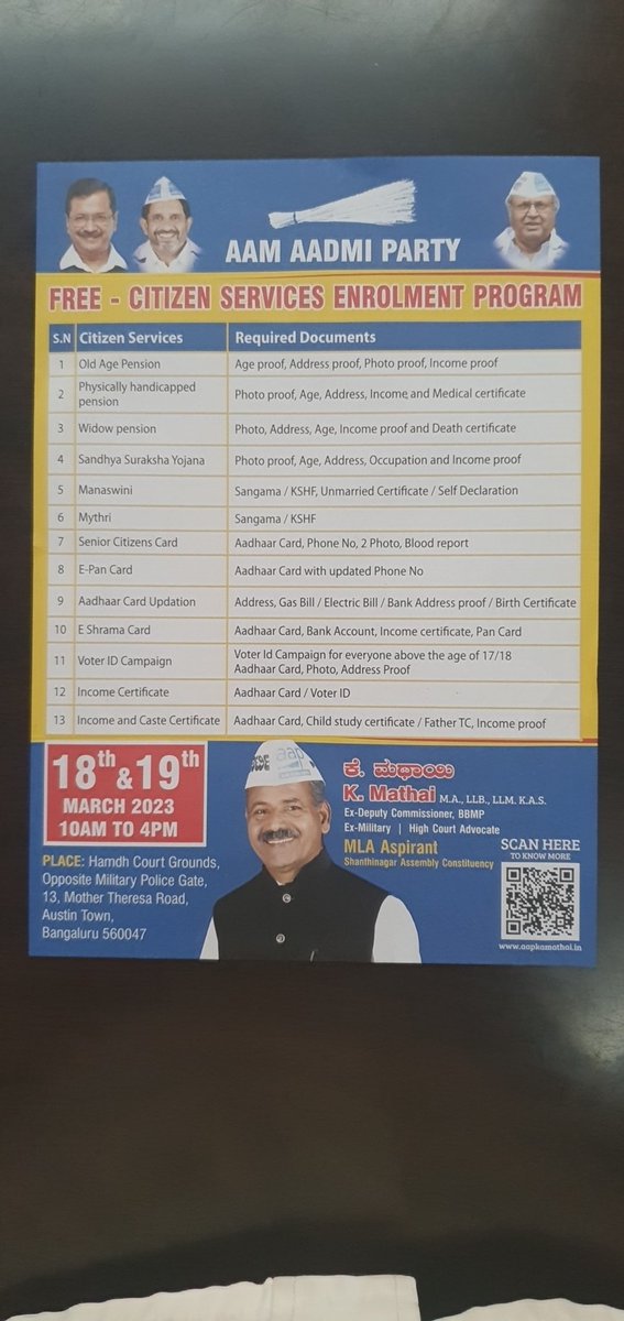 kmathai12's tweet photo. AAP Shanti Nagar Assembly is conducting 13 different free Citizen Services to all poor and needy citizens residing in Shantinagar Assembly area on 18.03.2023,and 19.03.2023 at Hamdh Court Grounds, 13, Mother Theresa Road Austin Town, Bengaluru. https://t.co/hhjslTL4v4