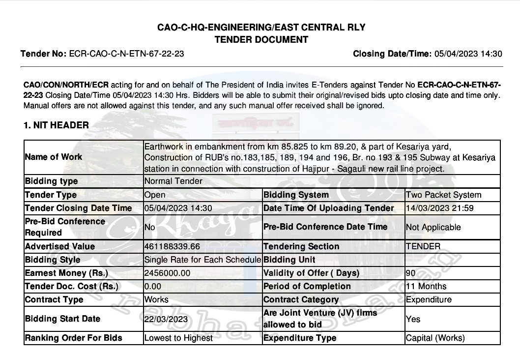 prabhatusha's tweet image. Tender floated of INR 46 Cr. For Earthwork in Kesariya yard, Construction of RUB &amp;amp; Subway at Kesariya station in connection with construction of #Hajipur - #Sagauli new rail line.

#RailProject #Tender