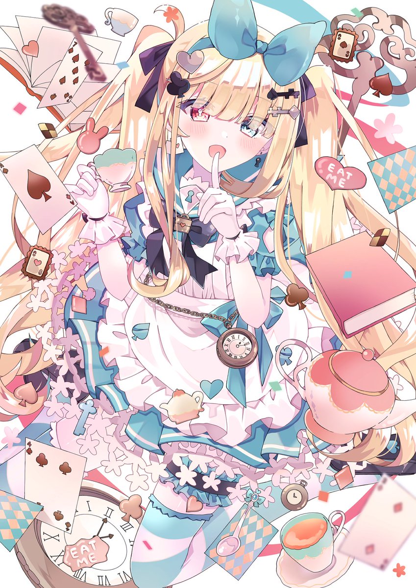 alice (alice in wonderland) 1girl cup spade (shape) teacup blonde hair card long hair  illustration images