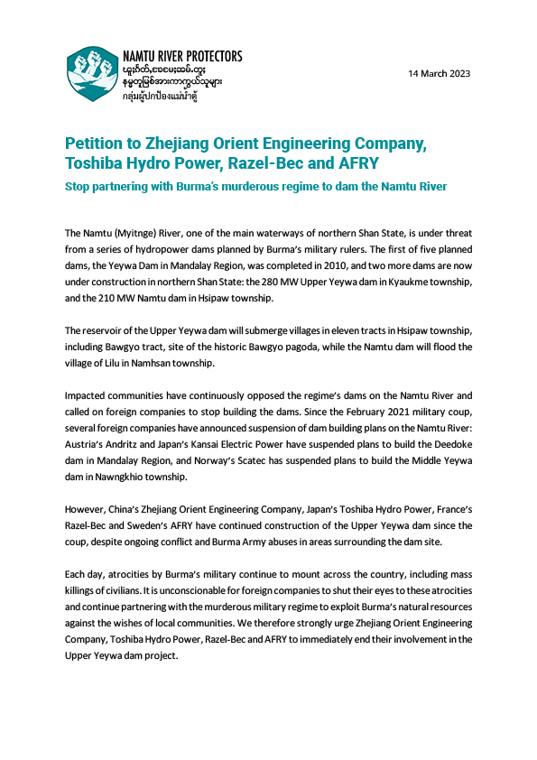 JusticeMyanmar's tweet photo. Sign the petition &amp; tell biz to immediately STOP building dams on the Namtu River that will harm the environment &amp; ppl of #Myanmar 

❌ @AFRY_global, Zhejiang Orient Engineering Company, Toshiba Hydro Power &amp; Razel-Bec

📝 Sign petition by @savenamtu 👉🏽 https://t.co/ym2z640B7P https://t.co/sWOsRdZJms