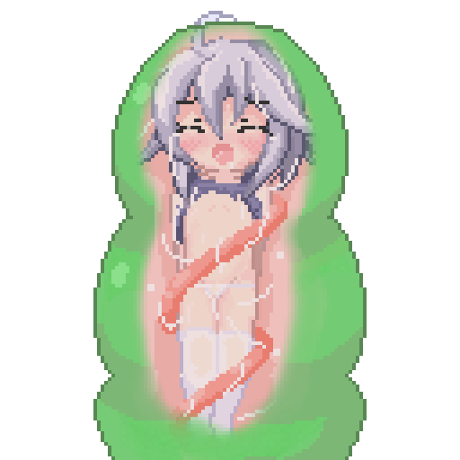 ドット絵試作3枚目! 
丸呑みモンスターさんのシーンを等身ちょい低め程度!～だいぶ見づらくなったのでマナちゃん単体も添えて～ 