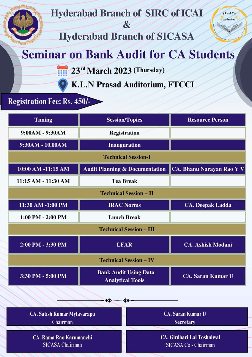 SICASAhyd's tweet photo. Dear Student,
Plz reg for One day Seminar on Bank Audit for CA Students on 23.03.23 @9AM. @FTCCI by Emnt Spkrs, Fee:450. For Dtls https://t.co/85viFqYbD1
SICASA-Hyd https://t.co/acuTkERXvp