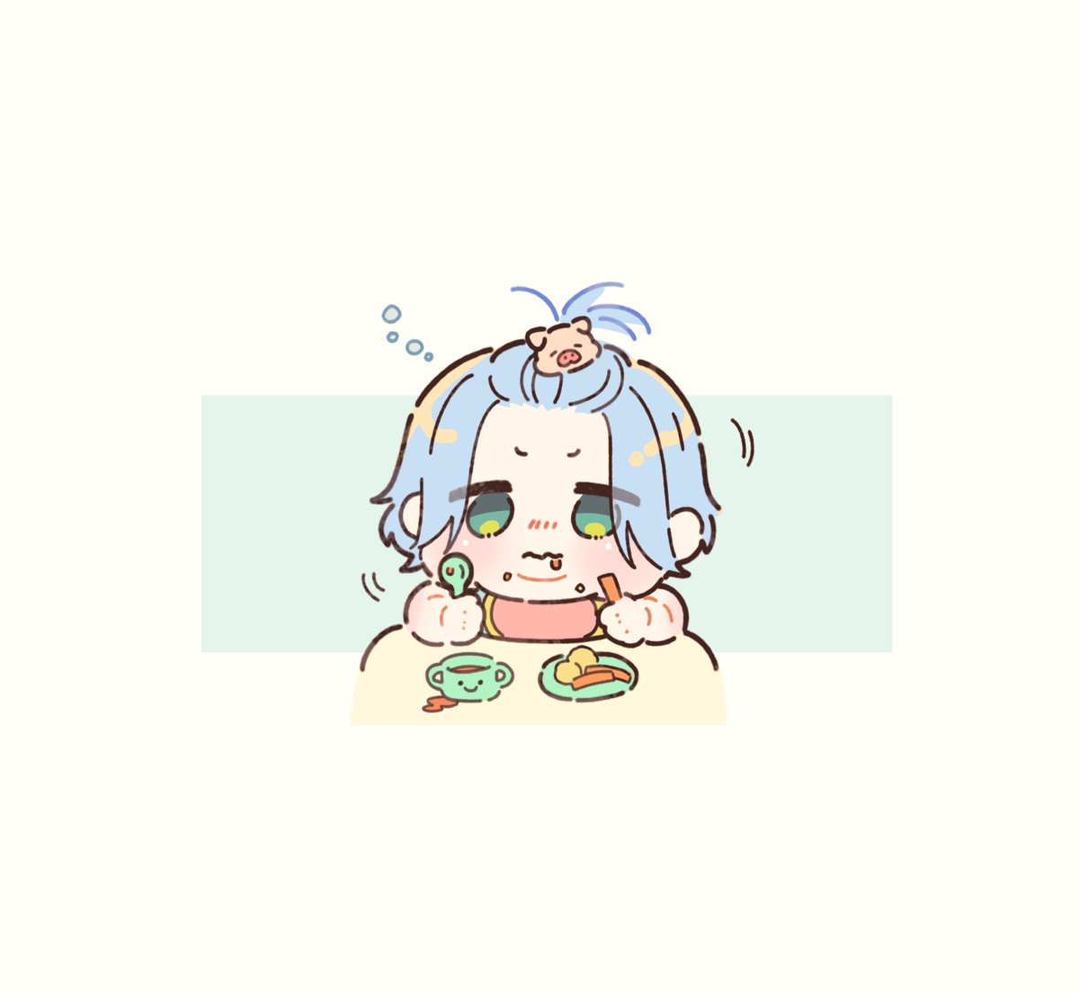 bangs pinned back blue hair solo food on face bib closed eyes short hair  illustration images