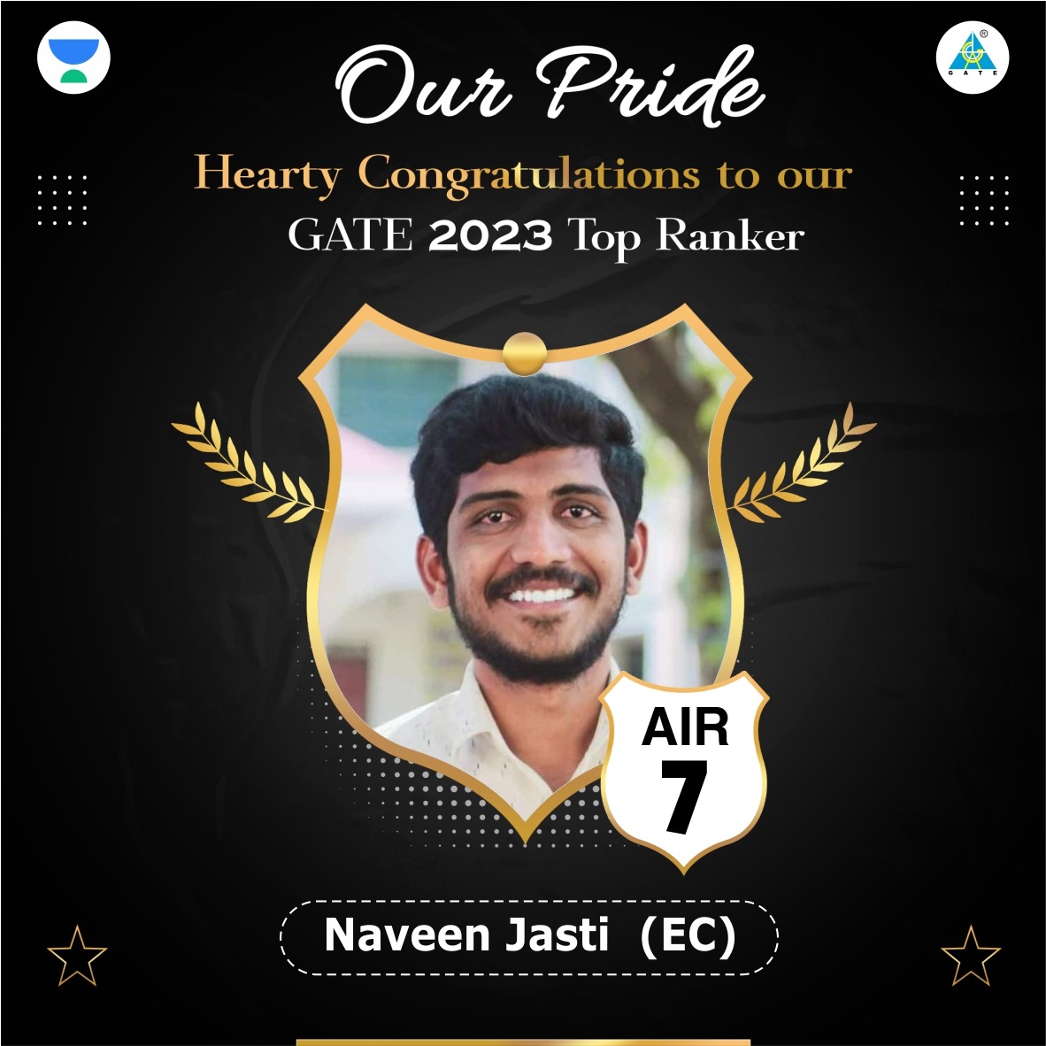 gate_academy's tweet image. Hearty Congratulations to our Top Ranker, Naveen Jasti for securing 🏆AIR-07 (EC)🏆 in GATE 2023. We wish you All the Best in your future endeavour. 🎉👏✌️