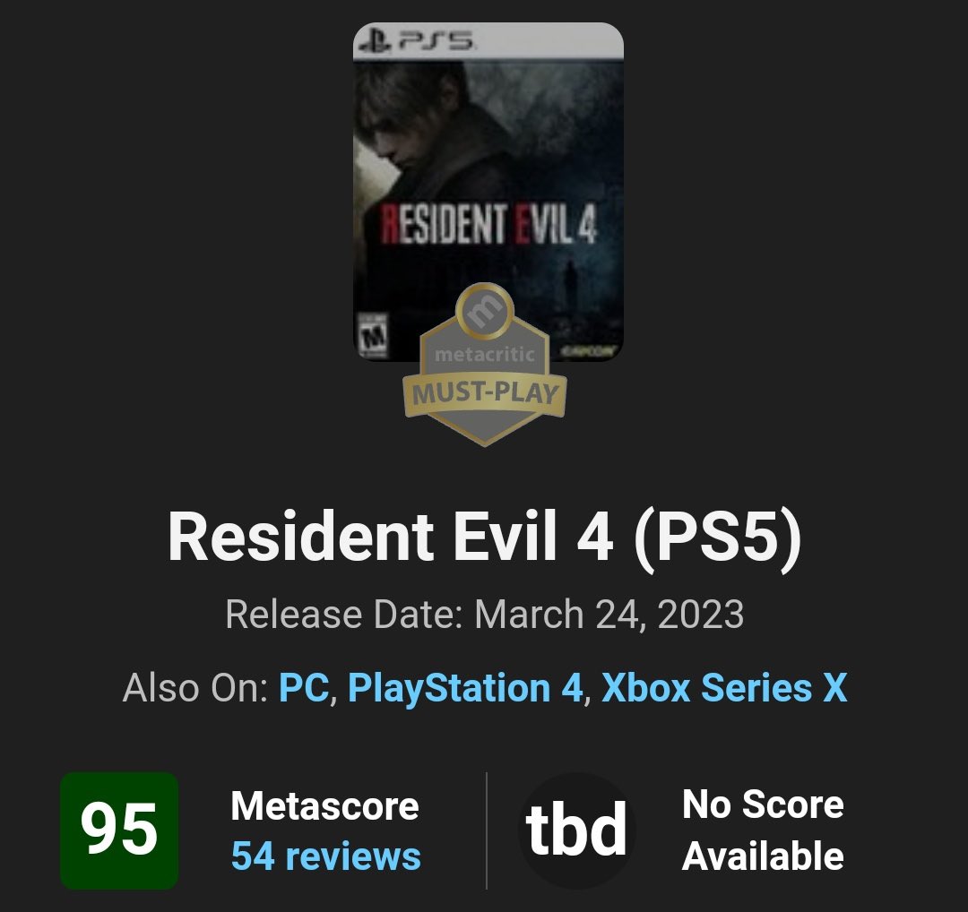 DomTheBomb on X: Resident Evil 4 Remake Reviews 🔥 Metacritic Score:  93/100 10/10 IGN 10/10 Dexerto 10/10 Gaming Bolt 10/10 Push Square 10/10  VGC 10/10 Gamespot 10/10 Gfinity 10/10 Player2 10/10 Finger