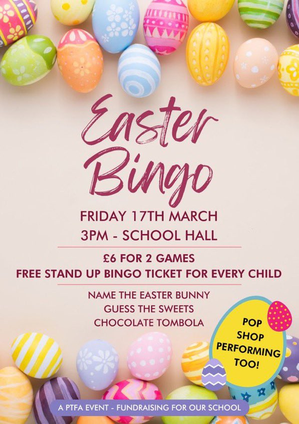 Easter bingo and lots more <a href="/QueensCoEURC/">Queen's Park C.E/U.R.C. Primary School</a> from 3pm. Lots of prizes to be won 🍫🎉