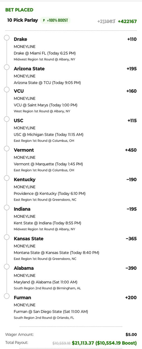 JoeyKnowsNothin's tweet photo. 2nd day of #MarchMadness
Picks 

USC ML 
VCU ML
Vermont +10.5
Drake ML
Arizona St ML

And this monster dart throw that carries into Saturday. https://t.co/aTEPpM5DhI