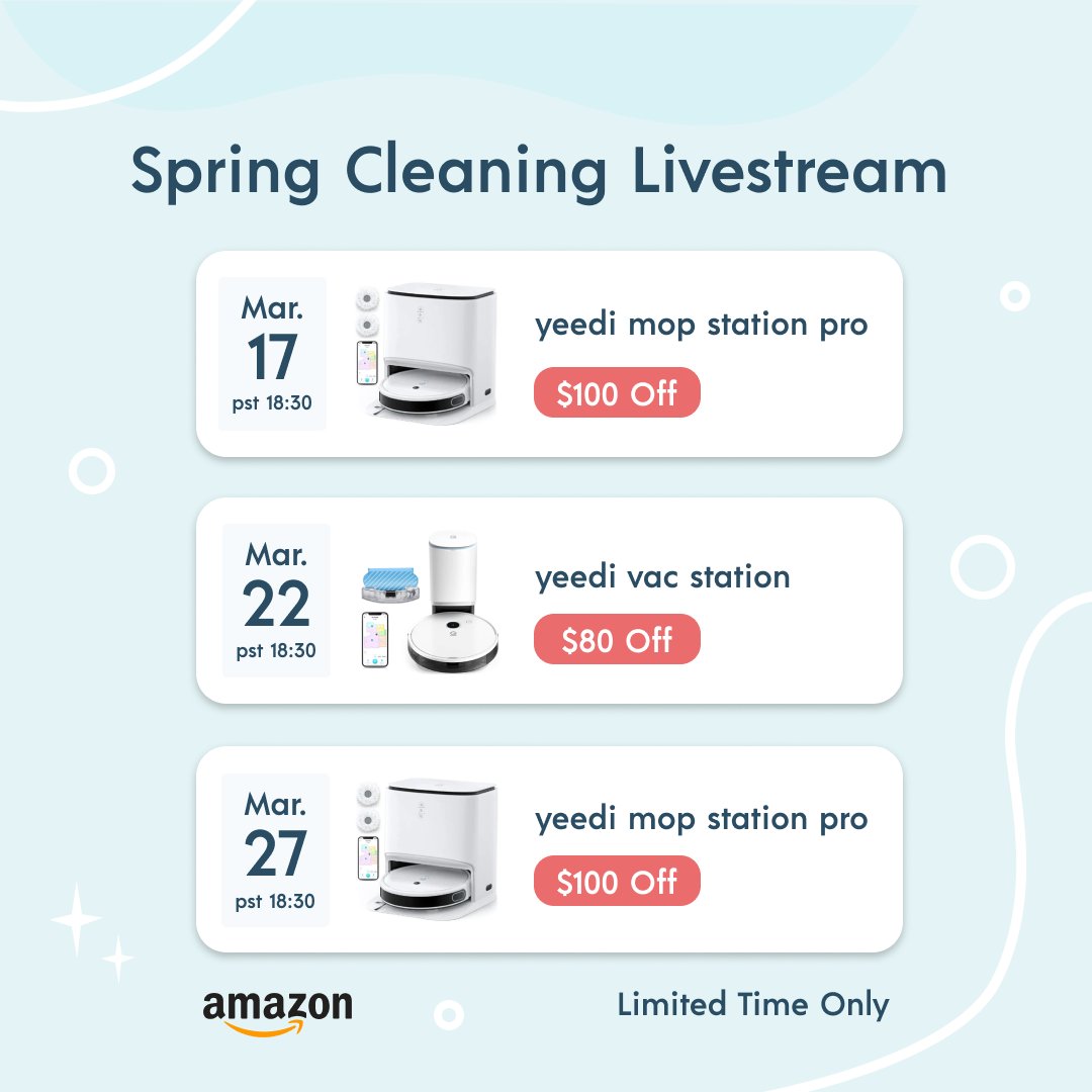 Mark your calendar: amazon livestream exclusive specials are here!🙌
Make sure to enter our Live on March 17, 22, and 27 ‼️Tap the link to add in your list: amzn.to/3ZPUiDK

#yeedi #robovacuum #LiveStream