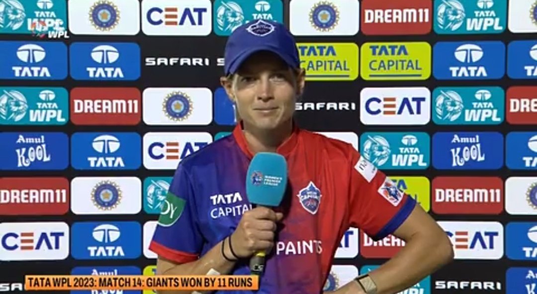 Crictopher17's tweet photo. The whole batting unit fails but the first thing Meg gets frustrated at, is the orange cap.

Last time we lost, she said she felt "silly" wearing that. Yesterday, she didn't wear it at all after the loss. You are being too hard on yourself Meg :(
#WPL2023 https://t.co/oMqKcWR6Cj